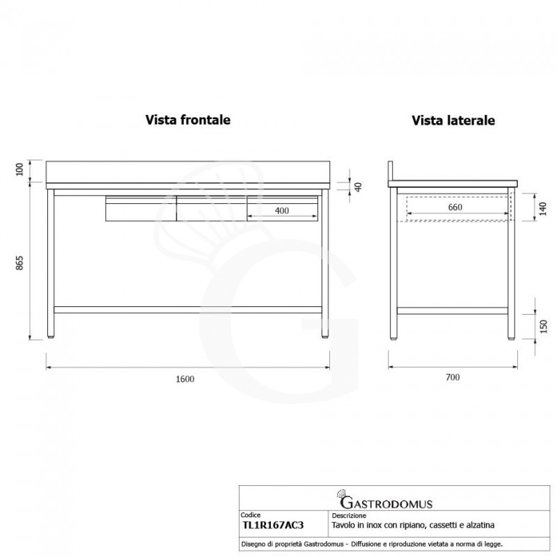 Tavolo inox ripiano alzatina 3 cassetti L 1600 mm x P 700 mm x H 965 mm