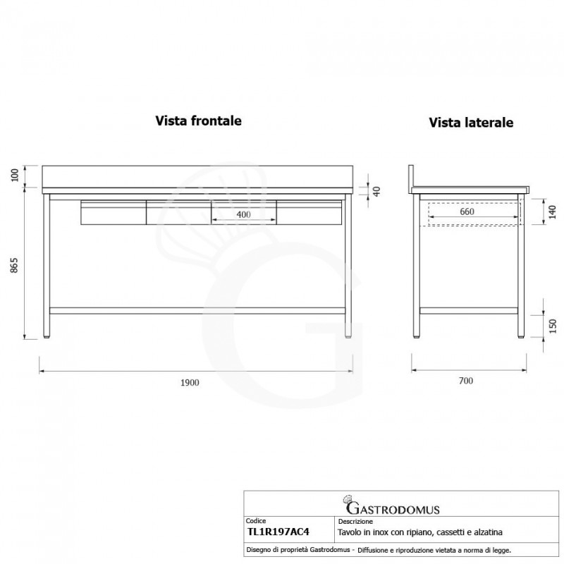Tavolo inox ripiano alzatina 4 cassetti L 1900 mm x P 700 mm x H 965 mm