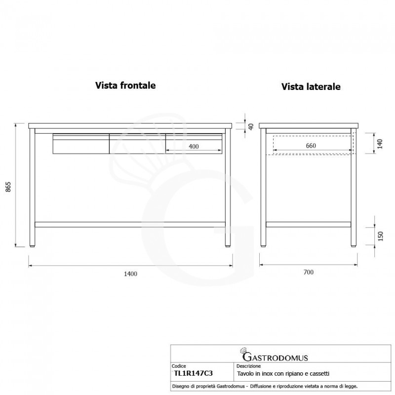 Tavolo inox ripiano 3 cassetti L 1400 mm x P 700 mm x H 865 mm
