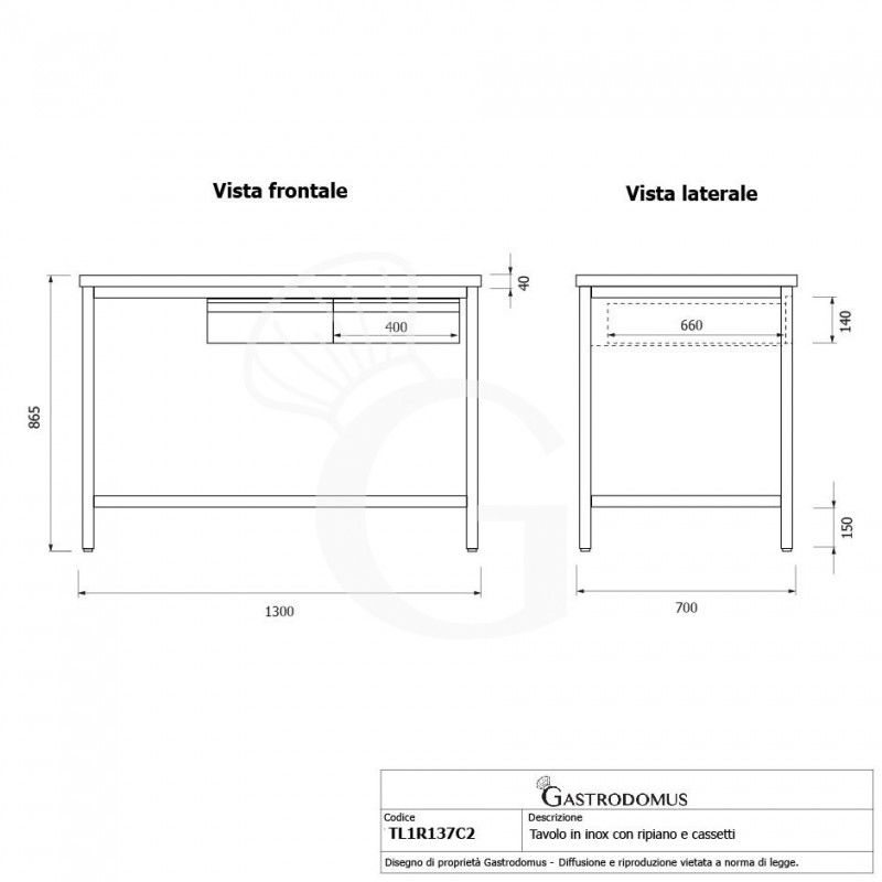 Tavolo inox ripiano 2 cassetti L 1200 mm x P 700 mm x H 865 mm