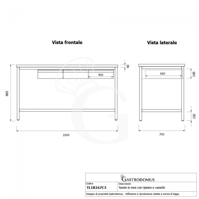 Tavolo inox ripiano 3 cassetti L 1600 mm x P 700 mm x H 865 mm