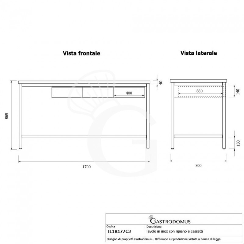 Tavolo inox ripiano 3 cassetti L 1700 mm x P 700 mm x H 865 mm