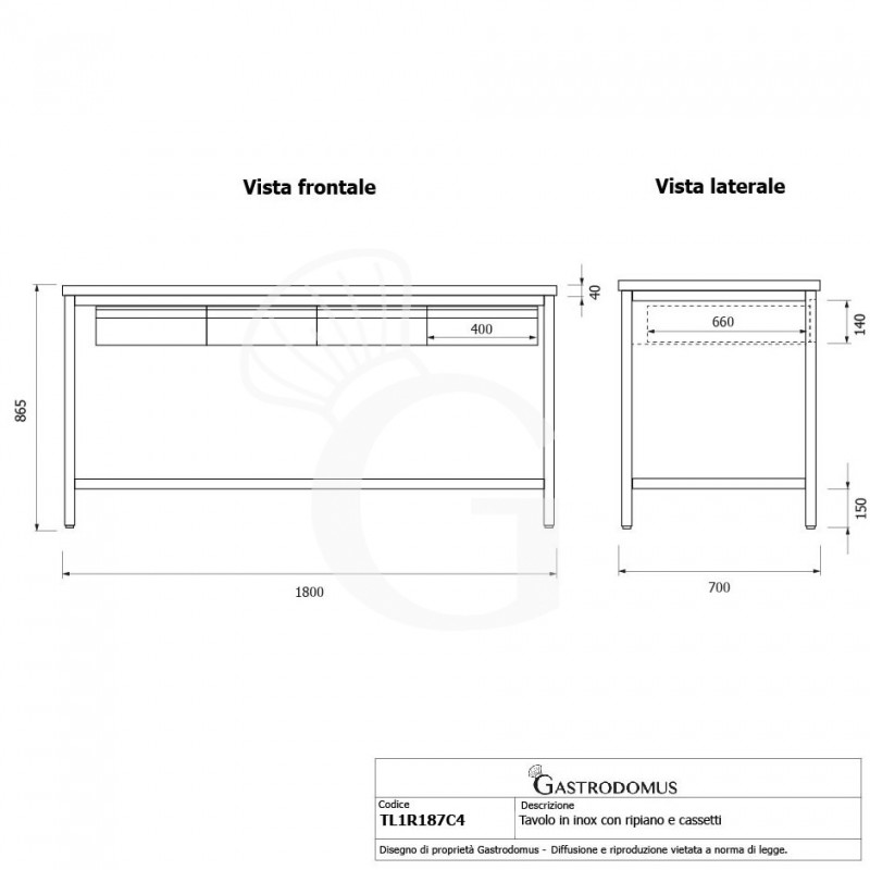 Tavolo inox ripiano 4 cassetti L 1800 mm x P 700 mm x H 865 mm