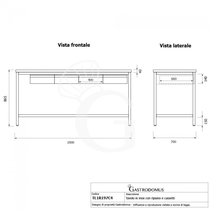 Tavolo inox ripiano 4 cassetti L 1900 mm x P 700 mm x H 865 mm