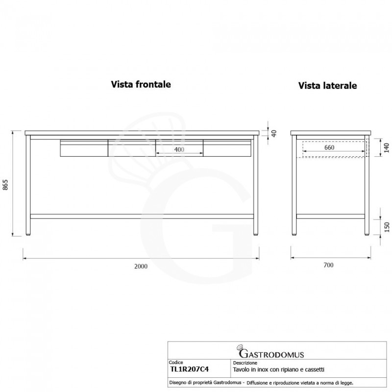 Tavolo inox ripiano 4 cassetti L 2000 mm x P 700 mm x H 865 mm