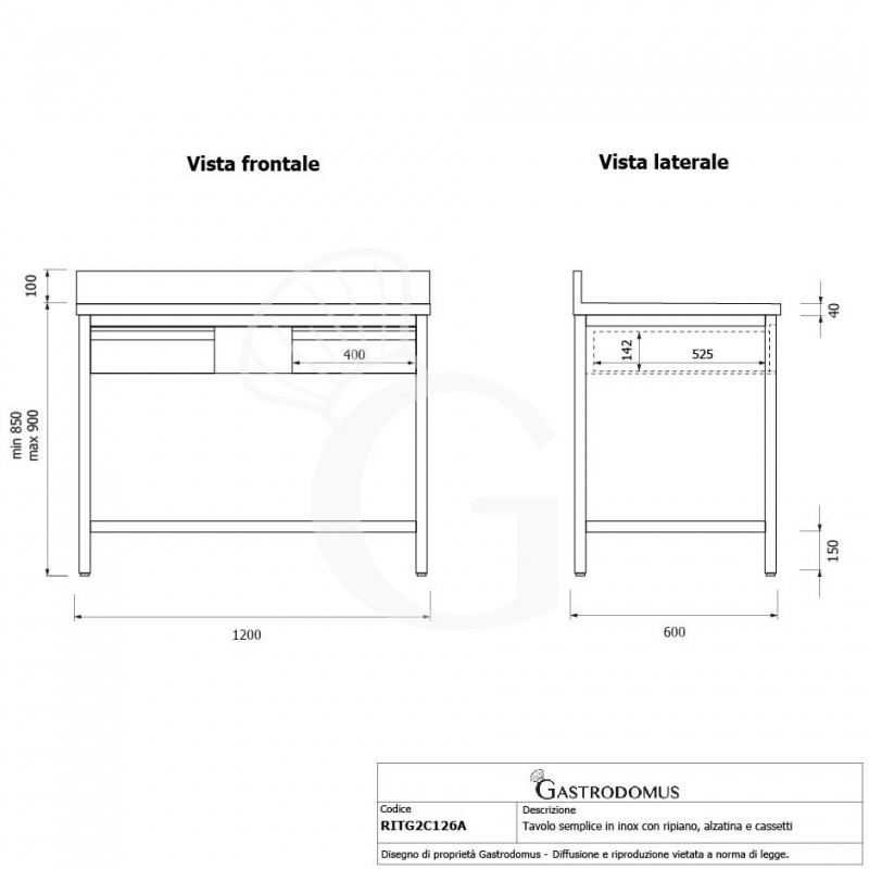 Tavolo inox ripiano alzatina 2 cassetti L 1200 mm x P 600 mm x H 950 mm