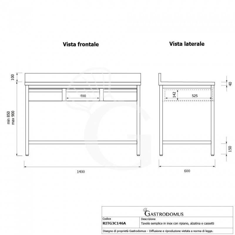 Tavolo inox ripiano alzatina 3 cassetti L 1400 mm x P 600 mm x H 950 mm