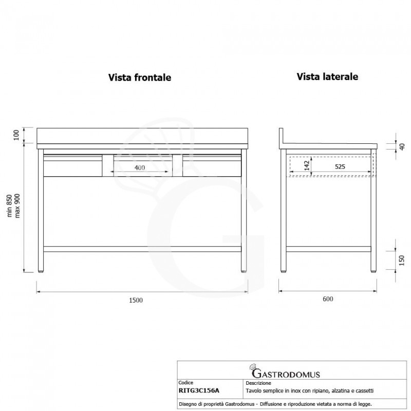 Tavolo inox ripiano alzatina 3 cassetti L 1500 mm x P 600 mm x H 950 mm
