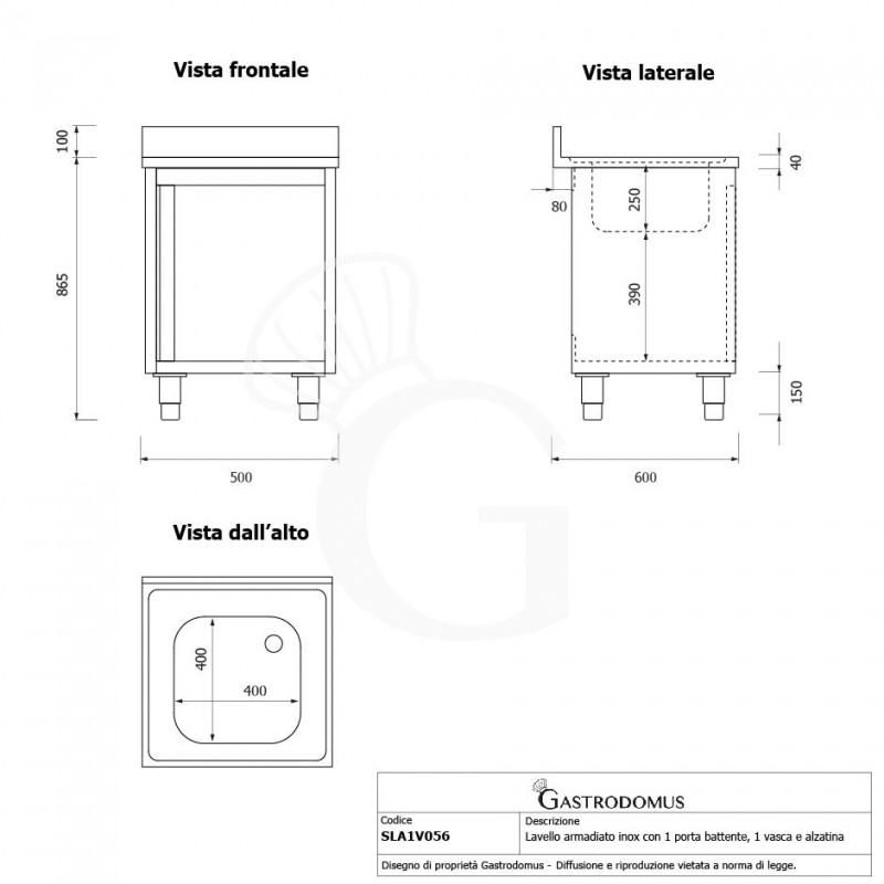 Lavello armadiato 1 porta battente, 1 vasca, alzatina, L 500 mm x P 600 mm x H 965 mm - con foro rubinetto Ø 32 mm