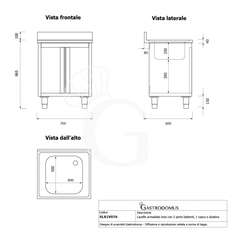Lavello inox armadiato 1 porta battente, 1 vasca, alzatina, L 700 mm x P 600 mm x H 965 mm - con foro rubinetto Ø 32 mm