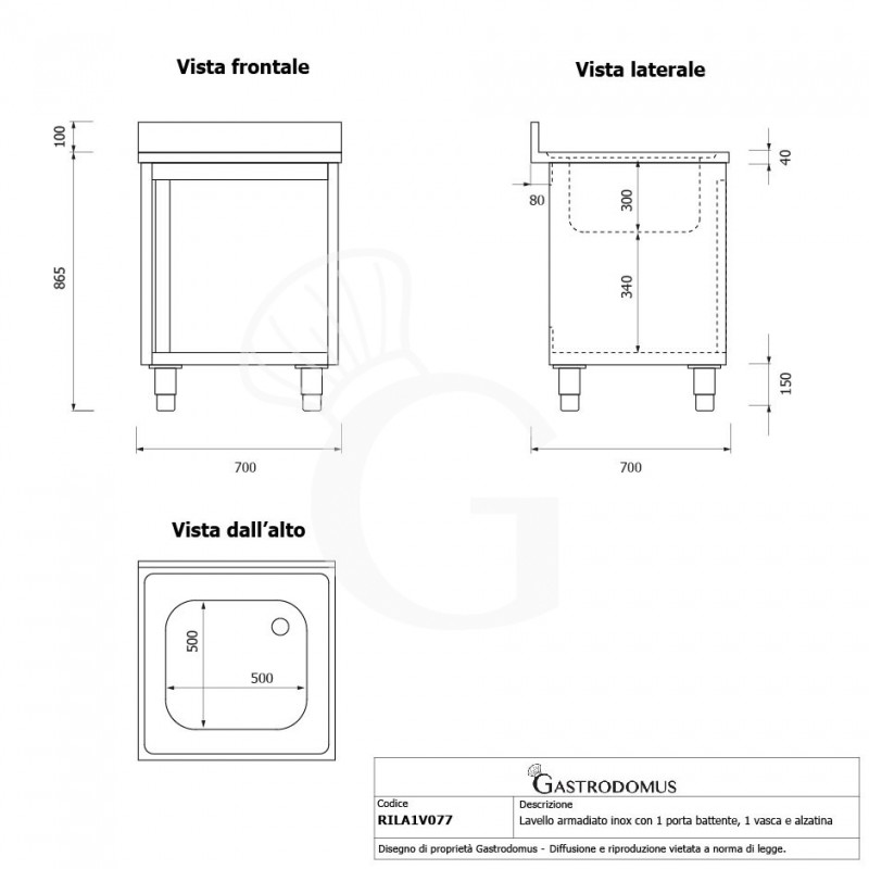 Lavello inox armadiato 1 porta battente, 1 vasca, alzatina, L 700 mm x P 700 mm x H 950 mm