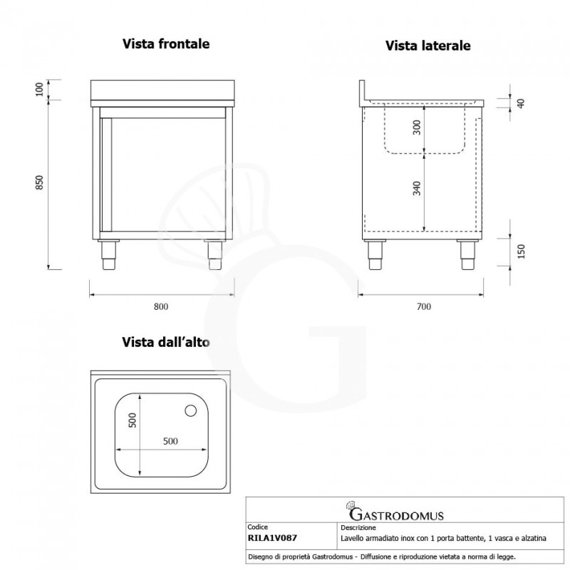 Lavello inox armadiato 1 porta battente, 1 vasca, alzatina, L 800 mm x P 700 mm x H 950 mm