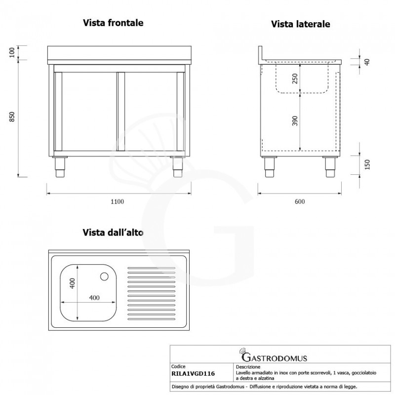 Lavello inox armadiato con porte scorrevoli,1 vasca,gocciolatoio a destra,alzatina,L1100xP600xH950mm