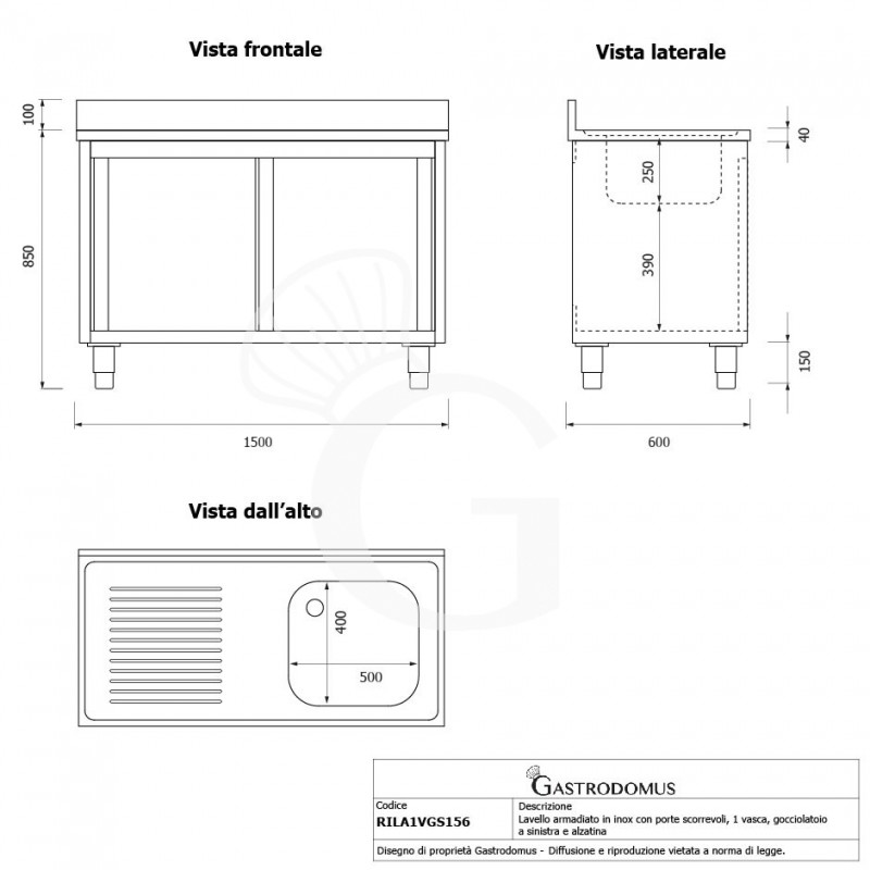 Lavello armadiato con porte scorrevoli,1 vasca,gocciolatoio a sinistra,alzatina,L1500xP600xH950mm