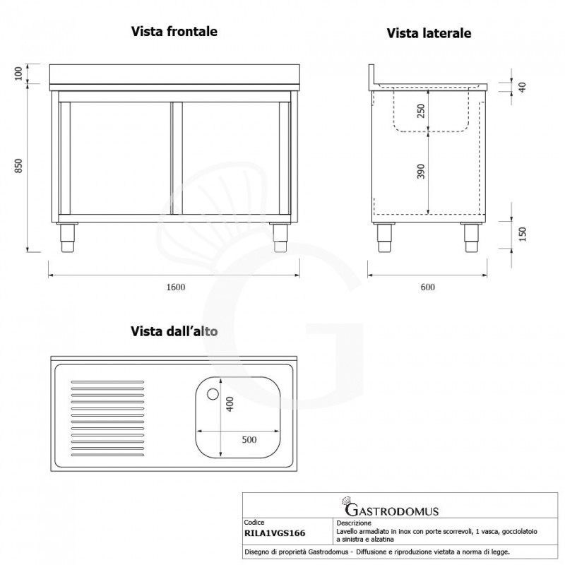Lavello inox armadiato con porte scorrevoli,1 vasca,gocciolatoio a sinistra,alzatina,L1600xP600xH950mm