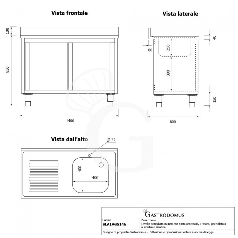 Lavello inox armadiato con porte scorrevoli,1vasca,gocciolatoio a sinistra,alzatina,L1400xP600xH965mm-con foro rubinetto Ø 32 mm