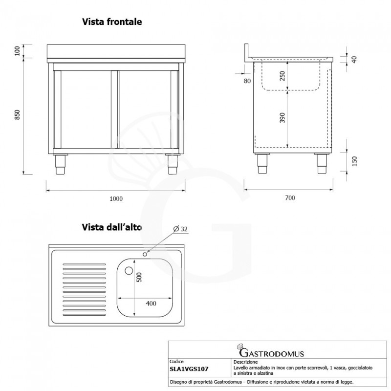 Lavello armadiato con porte scorrevoli,1 vasca,gocciolatoio a sinistra,alzatina,L1000xP700xH965mm - con foro rubinetto Ø 32 mm