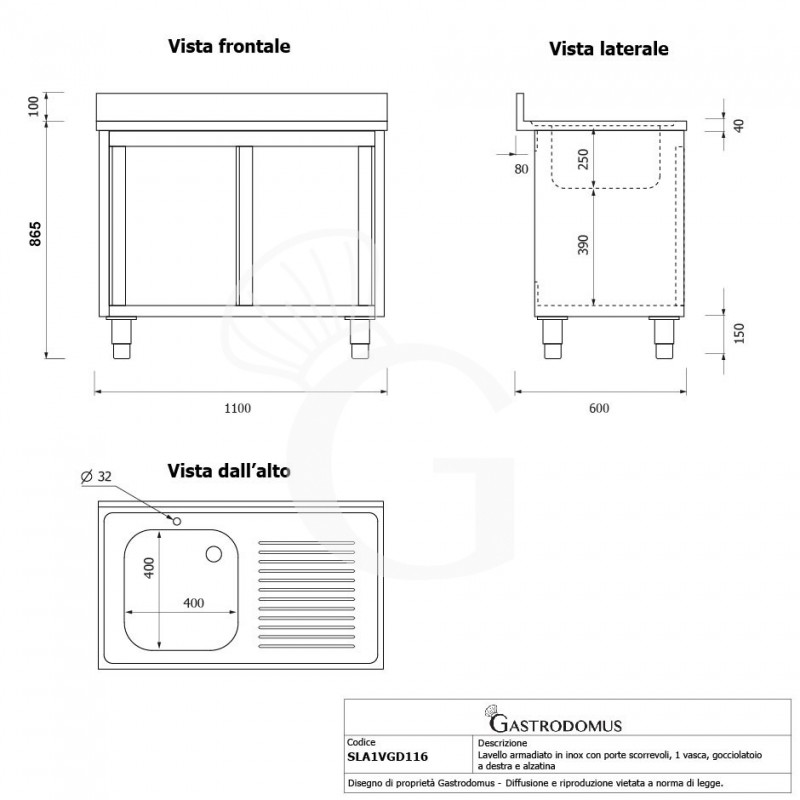 Lavello inox armadiato con porte scorrevoli,1vasca,gocciolatoio a destra,alzatina,L1100xP600xH965mm-con foro rubinetto Ø 32 mm
