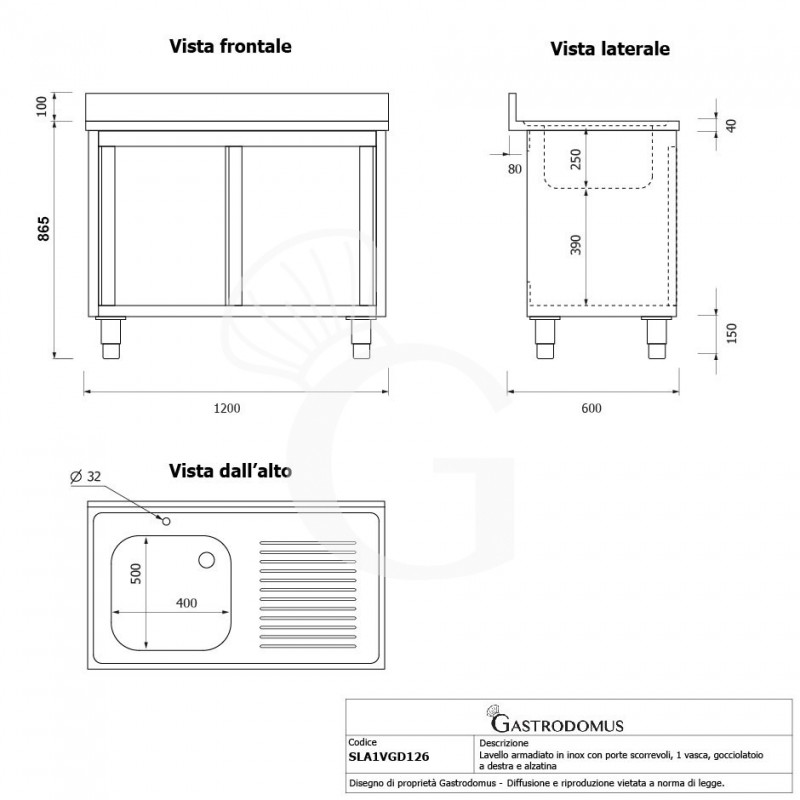 Lavello armadiato con porte scorrevoli,1 vasca,gocciolatoio a destra,alzatina,L1200xP600xH965mm - con foro rubinetto Ø 32 mm