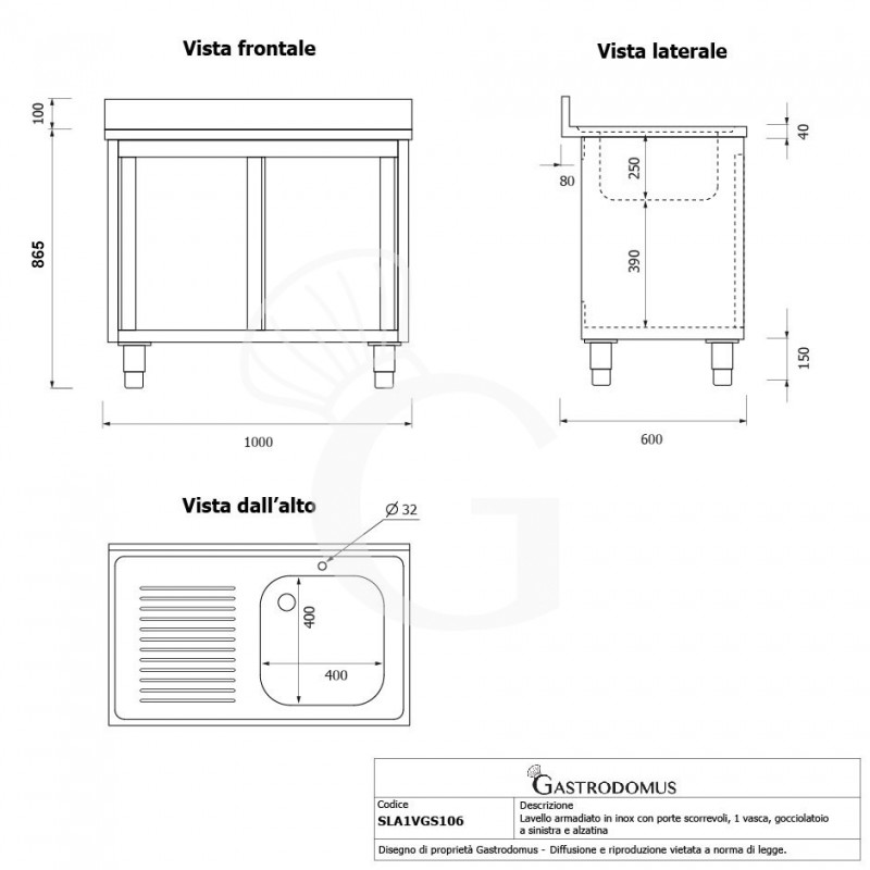 Lavello armadiato con porte scorrevoli,1 vasca,gocciolatoio a sinistra,alzatina,L1000xP600xH965mm - con foro rubinetto Ø 32 mm