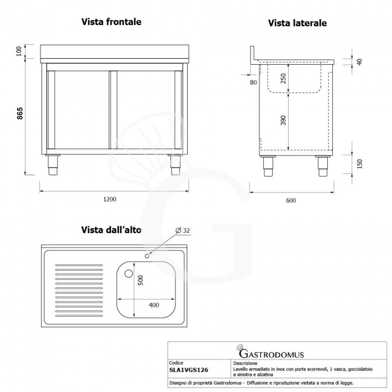 Lavello inox armadiato con porte scorrevoli,1vasca,gocciolatoio a sinistra,alzatina,L1200xP600xH965mm-con foro rubinetto Ø 32 mm