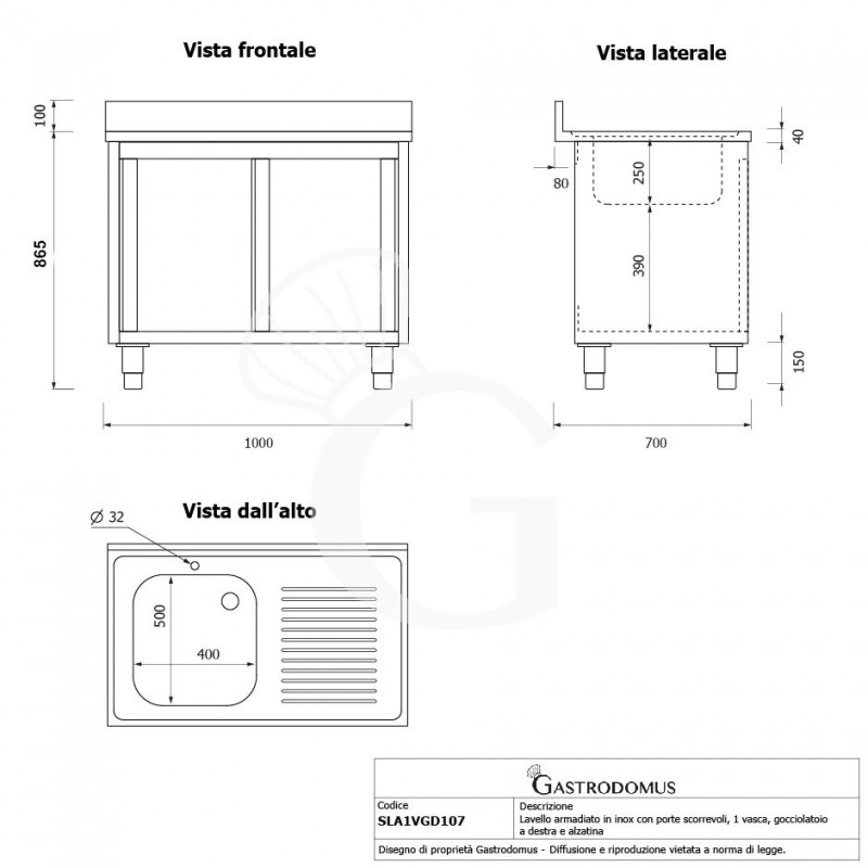 Lavello inox armadiato con porte scorrevoli,1vasca,gocciolatoio a destra,alzatina,L1000xP700xH965mm-con foro rubinetto Ø 32 mm