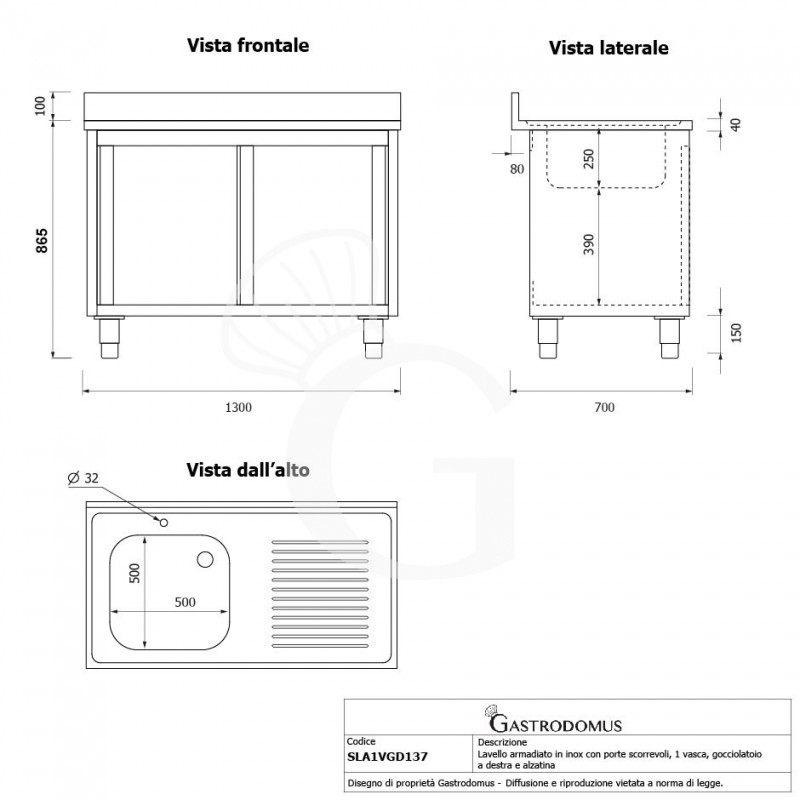 Lavello armadiato con porte scorrevoli,1 vasca,gocciolatoio a destra,alzatina,L1300xP700xH965mm - con foro rubinetto Ø 32 mm