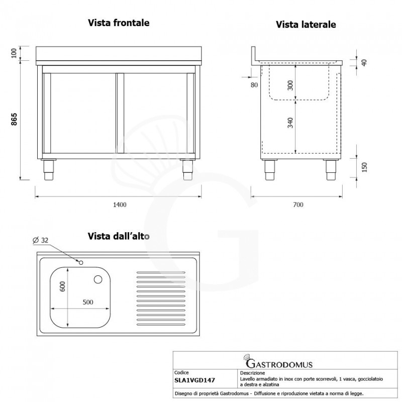 Lavello inox armadiato con porte scorrevoli,1 vasca,gocciolatoio a destra,alzatina,L1400xP700xH965mm-con foro rubinetto Ø 32 mm
