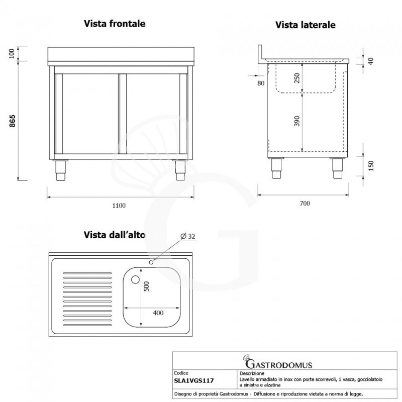 Lavello armadiato con porte scorrevoli,1 vasca,gocciolatoio a sinistra,alzatina,L1100xP700xH965mm - con foro rubinetto Ø 32 mm