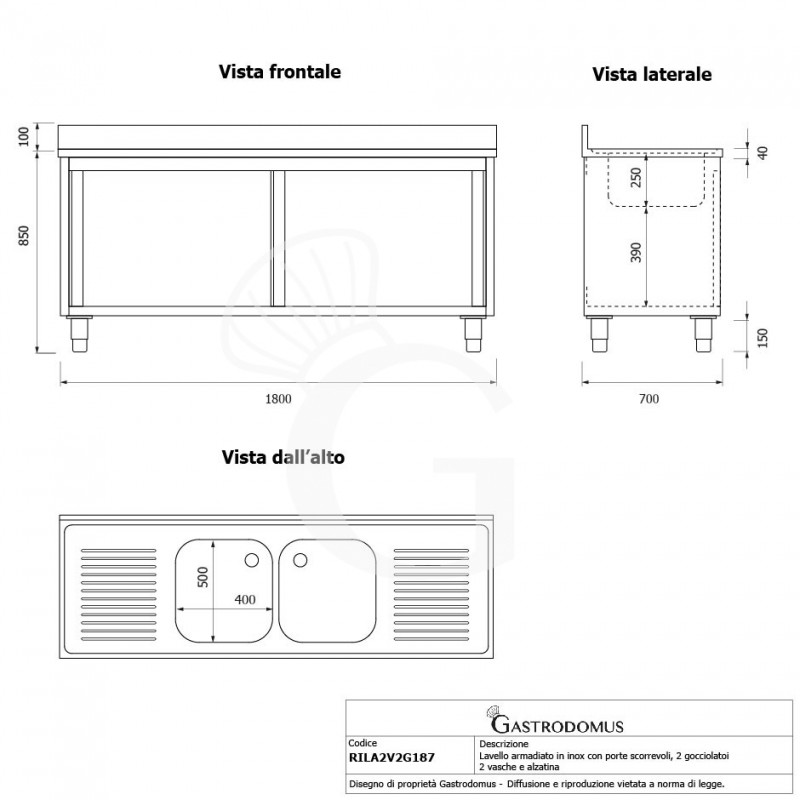 Lavello armadiato con porte scorrevoli,2 vasche,2 gocciolatoi,L 1800 x P 700 x H 950 mm