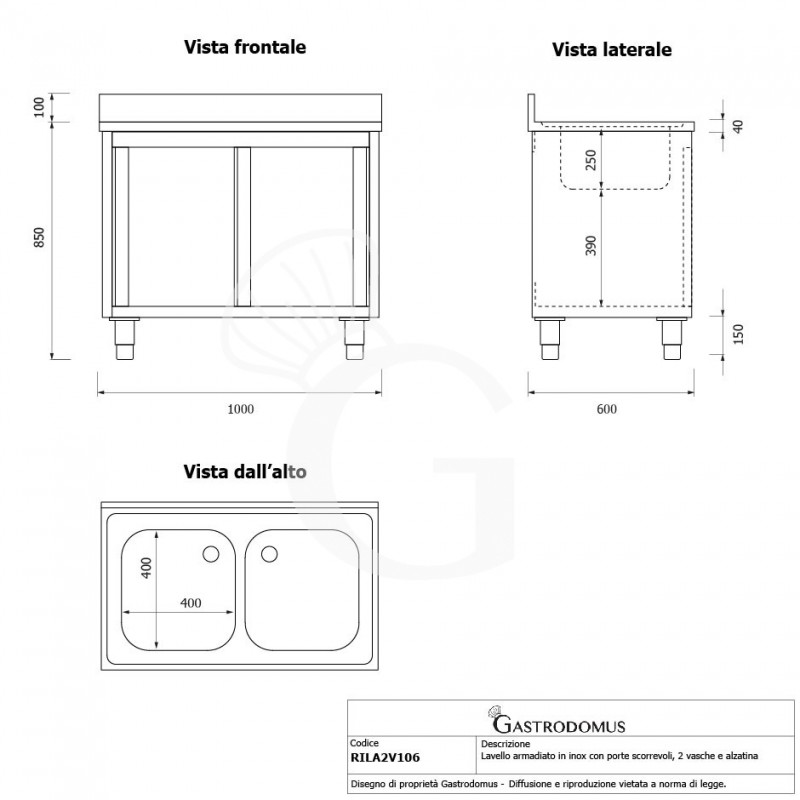 Lavello inox armadiato con porte scorrevoli, 2 vasche, alzatina, L 1000 mm x P 600 mm x H 950 mm