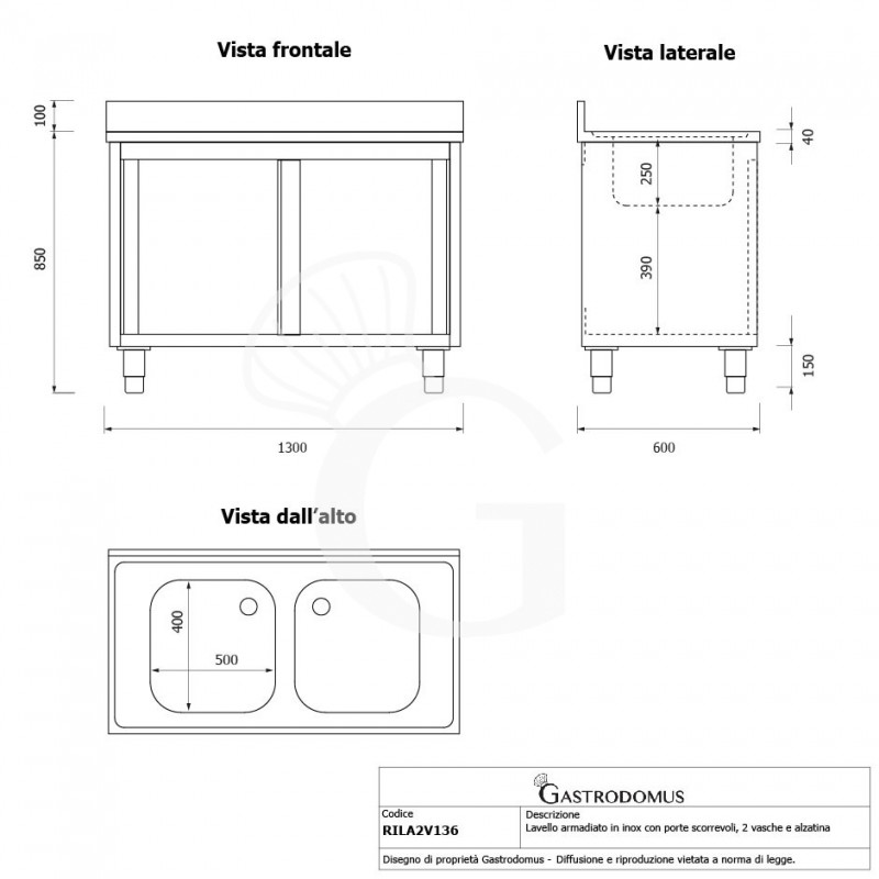 Lavello armadiato con porte scorrevoli, 2 vasche, alzatina, L 1300 mm x P 600 mm x H 950 mm