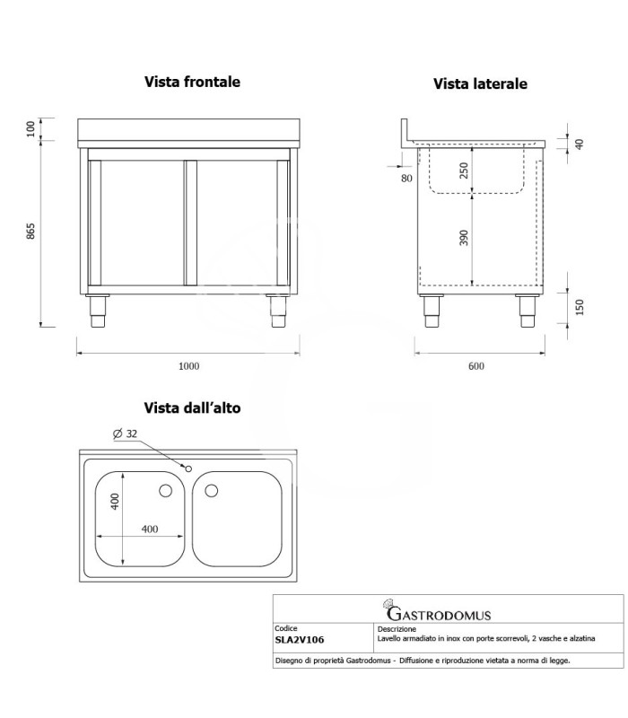 Lavello inox armadiato con porte scorrevoli, 2 vasche, alzatina, L 1000 mm x P 600 mm x H 965 mm - con foro rubinetto Ø 32 mm