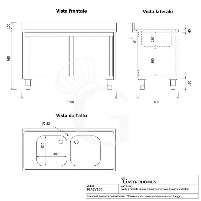Lavatoio su armadio, porte scorrevoli, 2 vasche, alzatina, L 1600 x P 600 x H 965 mm - con foro rubinetto Ø 32 mm