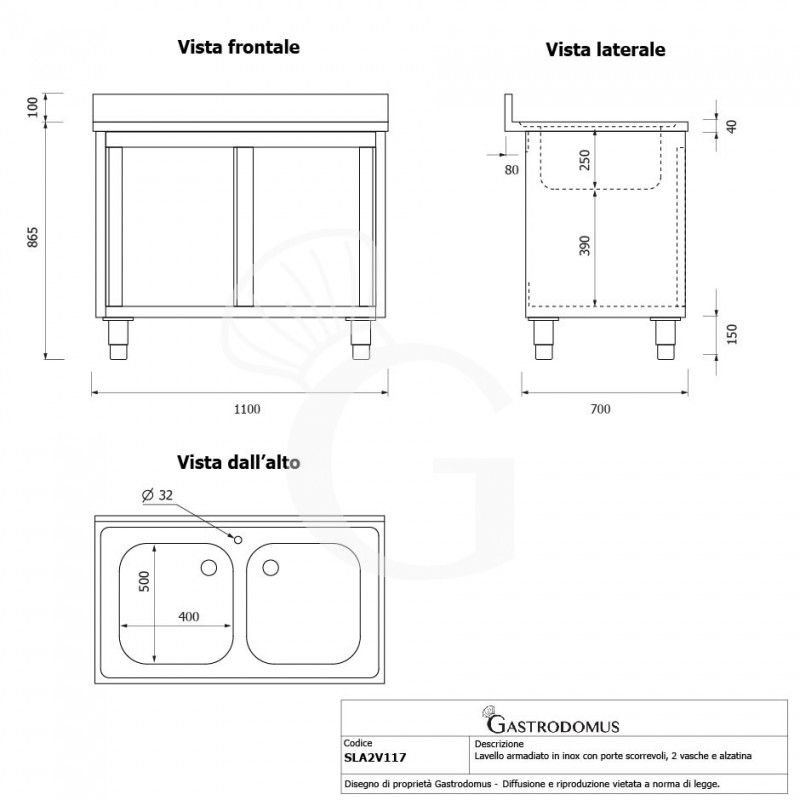Lavello armadiato con porte scorrevoli, 2 vasche, alzatina, L 1100 mm x P 700 mm x H 965 mm - con foro rubinetto Ø 32 mm