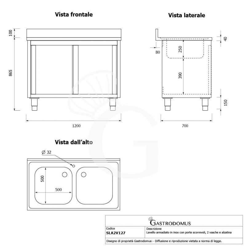 Lavello inox armadiato con porte scorrevoli, 2 vasche, alzatina, L 1200 mm x P 700 mm x H 965 mm - con foro rubinetto Ø 32 mm