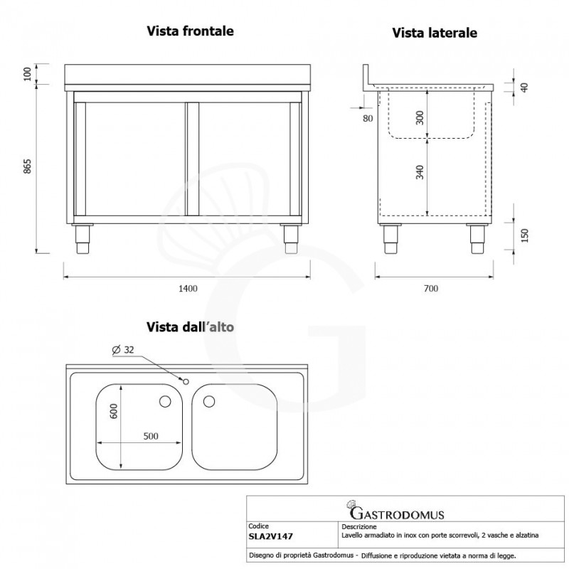Lavello armadiato con porte scorrevoli, 2 vasche, alzatina, L 1400 mm x P 700 mm x H 965 mm - con foro rubinetto Ø 32 mm