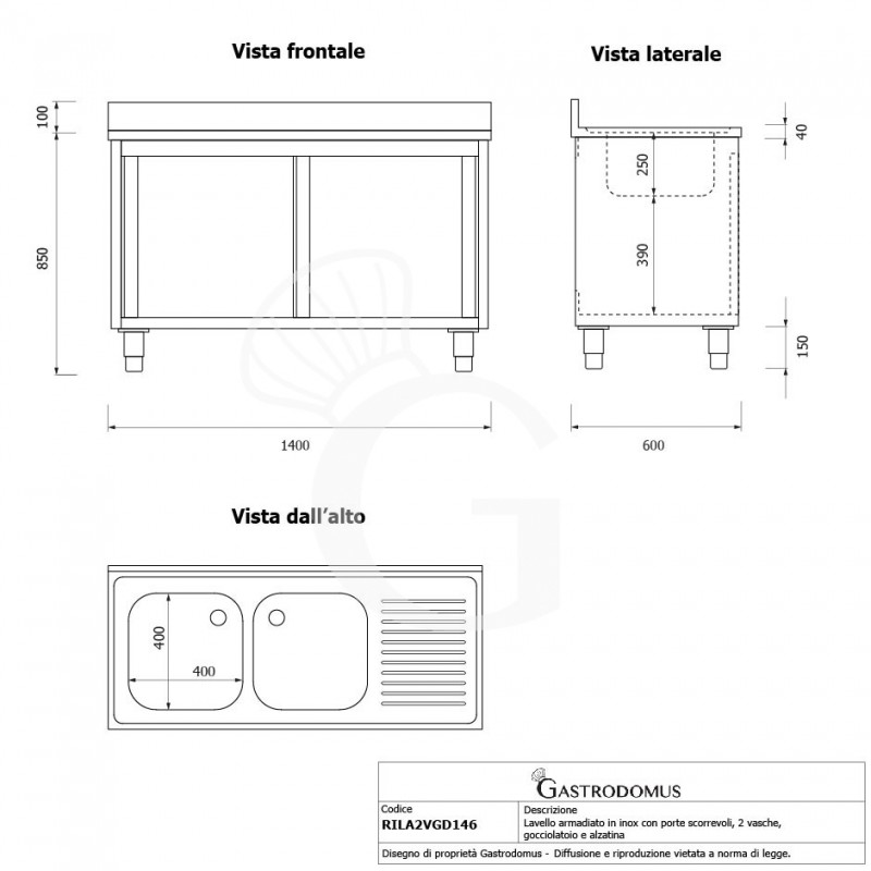 Lavello armadiato con porte scorrevoli,2 vasche,gocciolatoio a destra,L 1400 x P 600 x H 950 mm