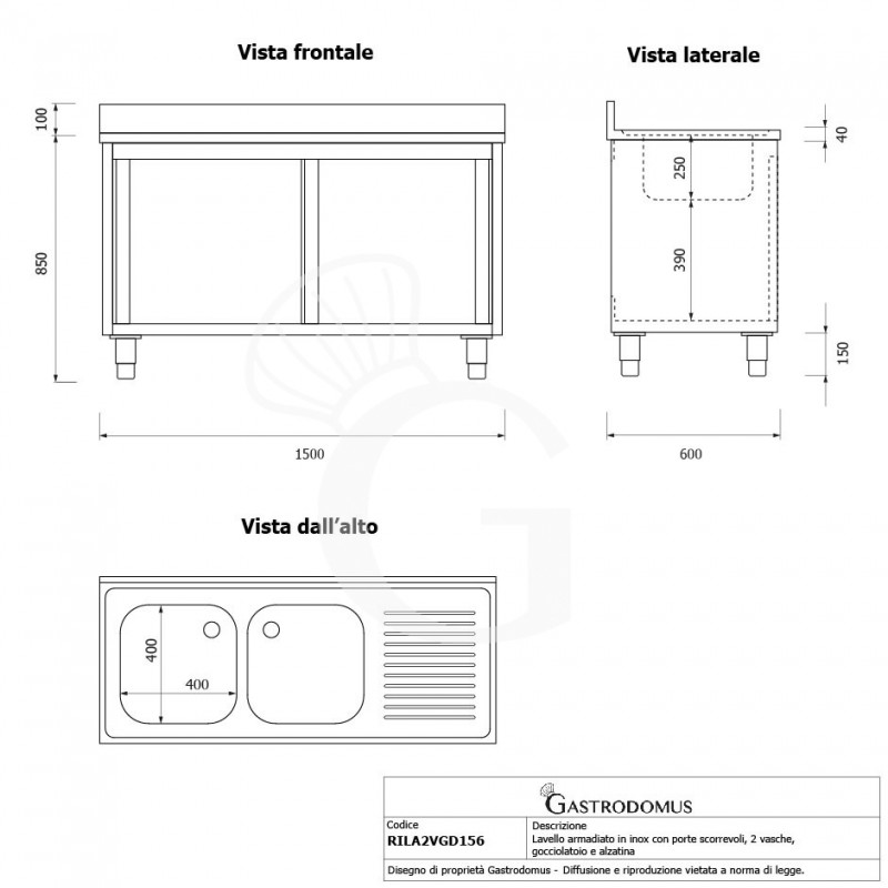 Lavello armadiato con porte scorrevoli,2 vasche,gocciolatoio a destra,L 1500 x P 600 x H 950 mm