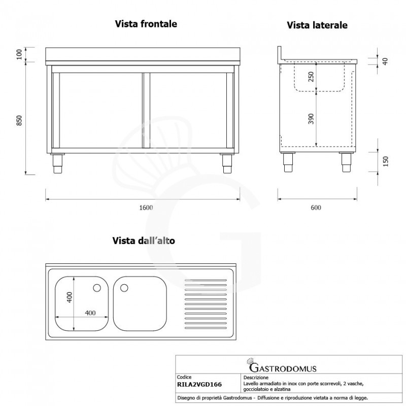 Lavello armadiato con porte scorrevoli,2 vasche,gocciolatoio a destra,L 1600 x P 600 x H 950 mm