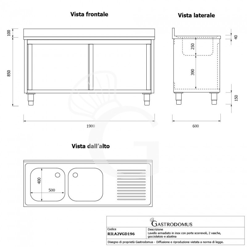 Lavello armadiato con porte scorrevoli,2 vasche,gocciolatoio a destra,L 1800 x P 600 x H 950 mm
