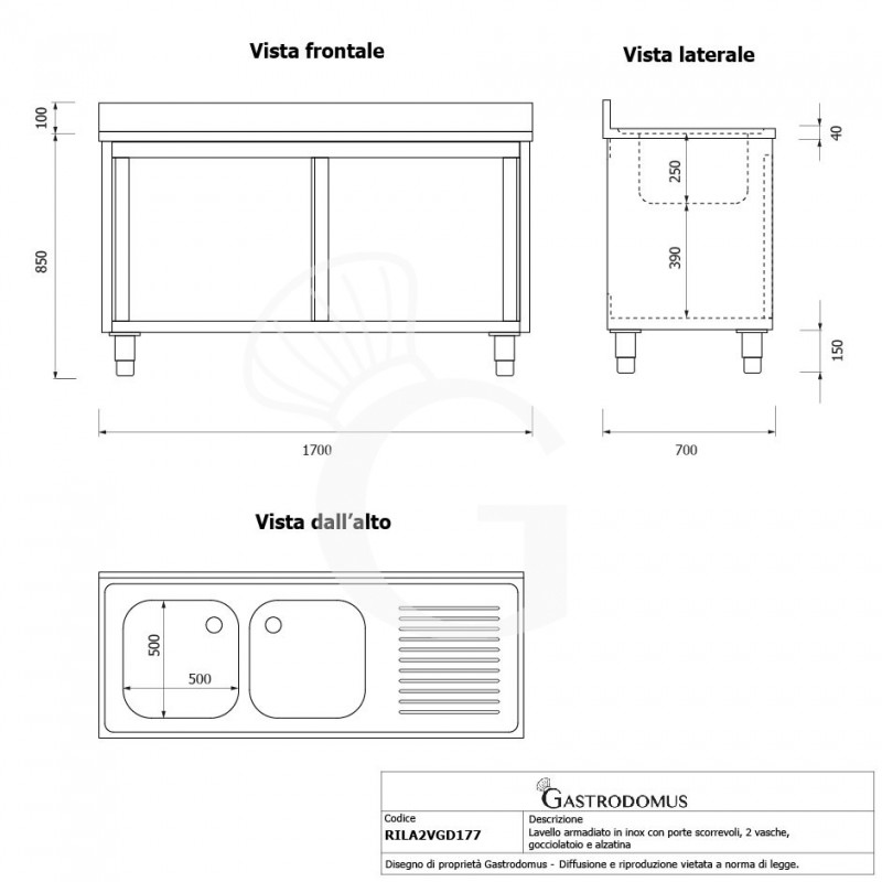 Lavello armadiato con porte scorrevoli,2 vasche,gocciolatoio a destra,L 1700 x P 700 x H 950 mm
