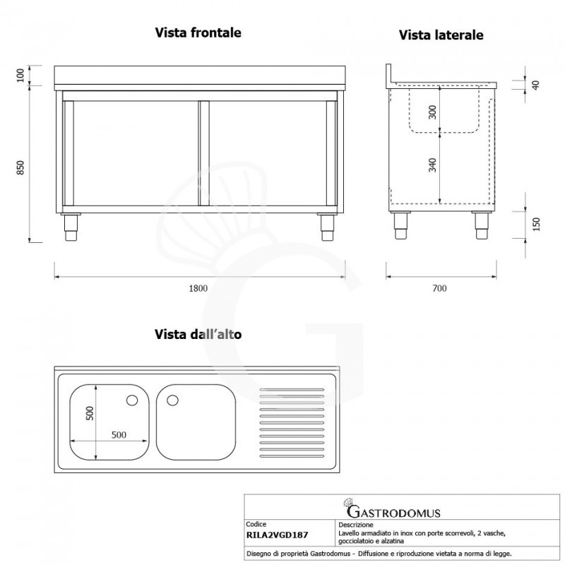 Lavello armadiato con porte scorrevoli,2 vasche,gocciolatoio a destra,L 1800 x P 700 x H 950 mm