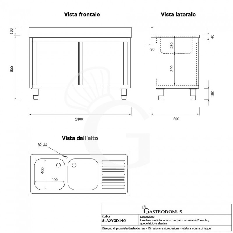 Lavello armadiato con porte scorrevoli,2 vasche,gocciolatoio a destra,L 1400 x P 600 x H 965 mm - con foro rubinetto Ø 32 mm