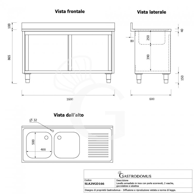 Lavello armadiato con porte scorrevoli,2 vasche,gocciolatoio a destra,L 1600 x P 600 x H 965 mm - con foro rubinetto Ø 32 mm