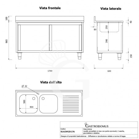 Lavello armadiato con porte scorrevoli,2 vasche,gocciolatoio a destra,L 1700 x P 600 x H 965 mm - con foro rubinetto Ø 32 mm Lavello armadiato con porte scorrevoli,2 vasche,gocciolatoio a destra,L 1700 x P 600 x H 965 mm - con foro rubinetto Ø 32 mm