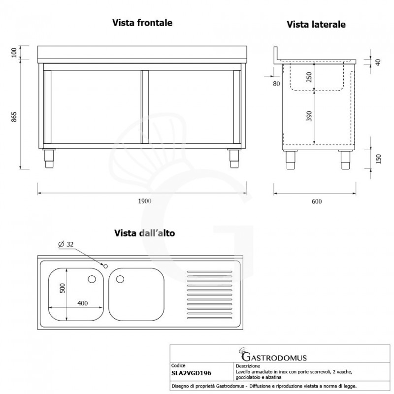 Lavello armadiato con porte scorrevoli,2 vasche,gocciolatoio a destra,L 1900 x P 600 x H 950 mm - con foro rubinetto Ø 32 mm