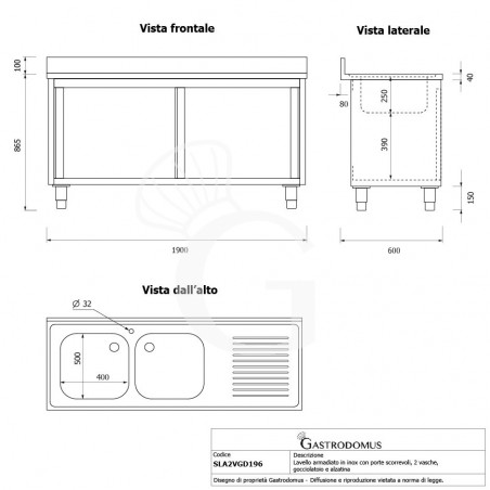 Lavello armadiato con porte scorrevoli,2 vasche,gocciolatoio a destra,L 1900 x P 600 x H 950 mm - con foro rubinetto Ø 32 mm Lavello armadiato con porte scorrevoli,2 vasche,gocciolatoio a destra,L 1900 x P 600 x H 950 mm - con foro rubinetto Ø 32 mm