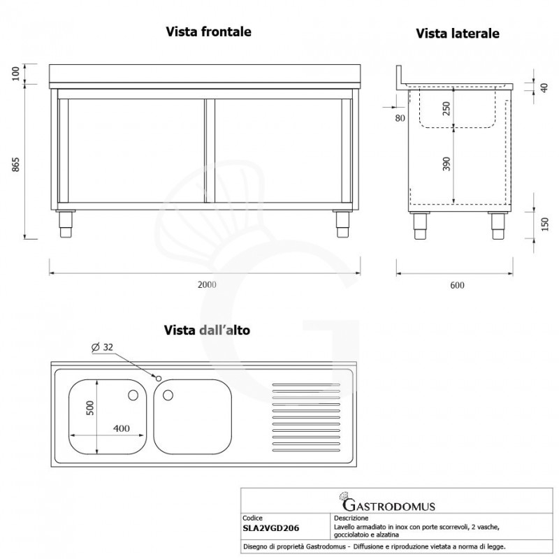 Lavello armadiato con porte scorrevoli,2 vasche,gocciolatoio a destra,L 2000 x P 600 x H 965 mm - con foro rubinetto Ø 32 mm