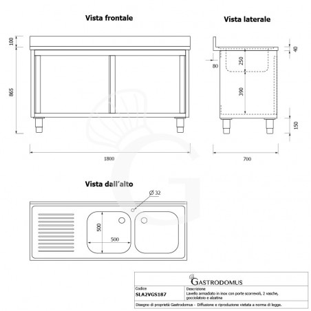 Lavello armadiato con porte scorrevoli,2 vasche,gocciolatoio a sinistra,L 1800 x P 700 x H 965 mm - con foro rubinetto Ø 32 mm Lavello armadiato con porte scorrevoli,2 vasche,gocciolatoio a sinistra,L 1800 x P 700 x H 965 mm - con foro rubinetto Ø 32 mm